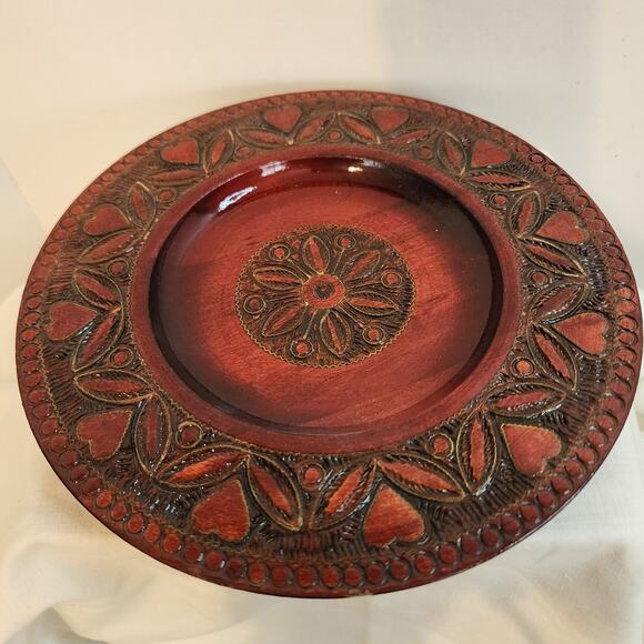 Handmade Polish Carved Wooden Plate Red Heart Floral Folk Art Decorative 10" - Picture 1 of 6